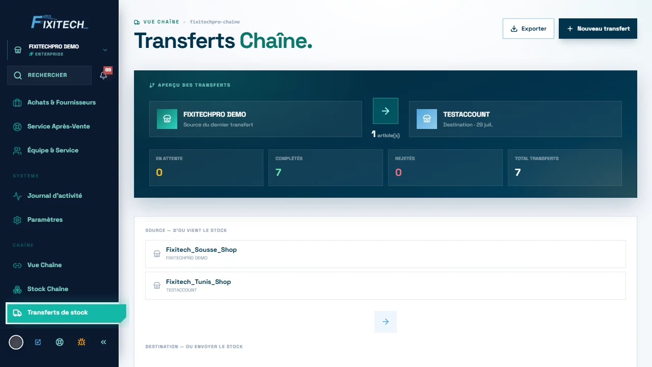 FixiTechPro product screen: chain transfers
