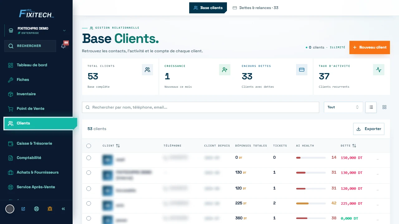 FixiTechPro product screen: clients