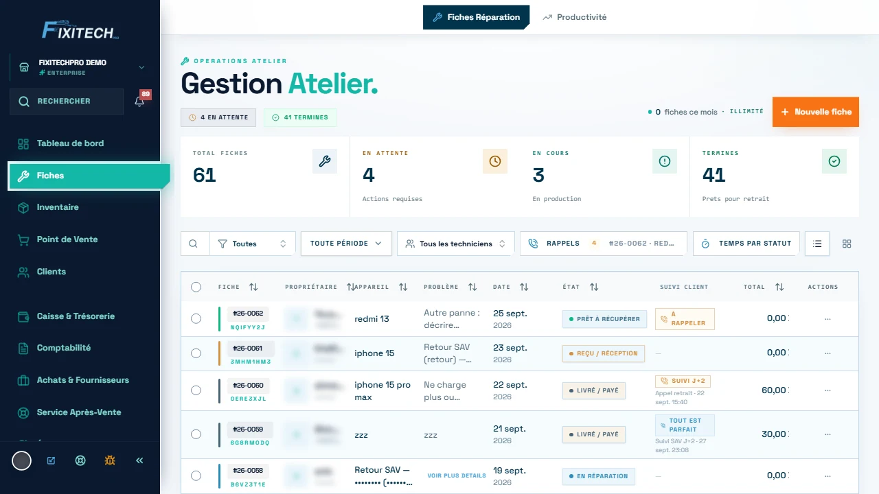 FixiTechPro product screen: jobs