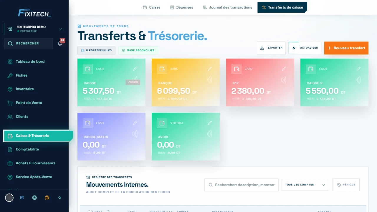 FixiTechPro product screen: transfers