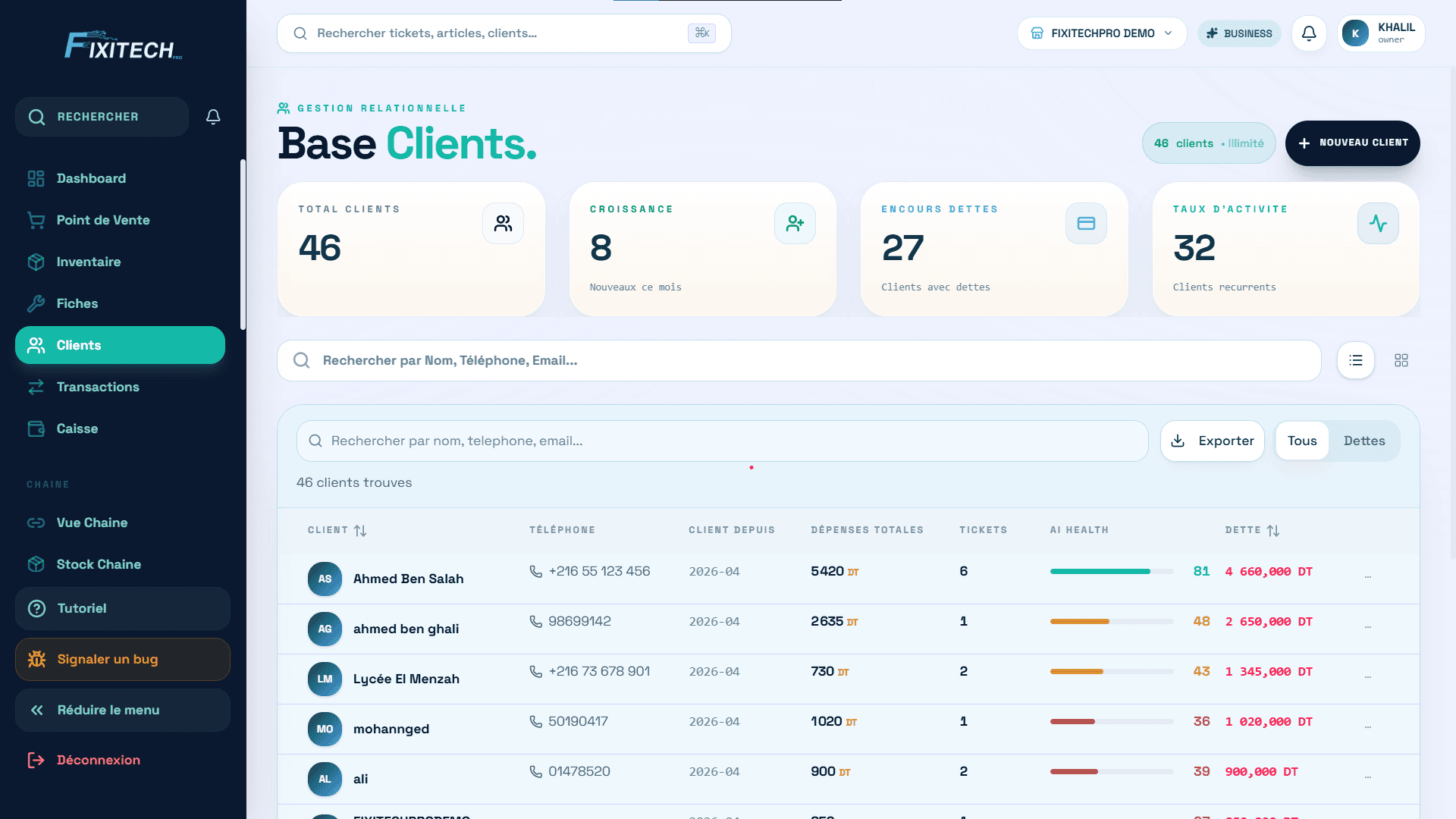 FixiTechPro product screen: CLIENTS