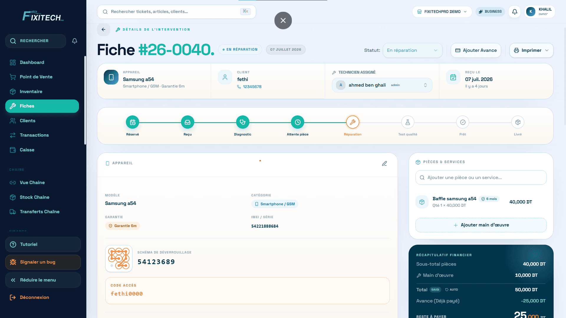 FixiTechPro product screen: FICHE INTERFACE