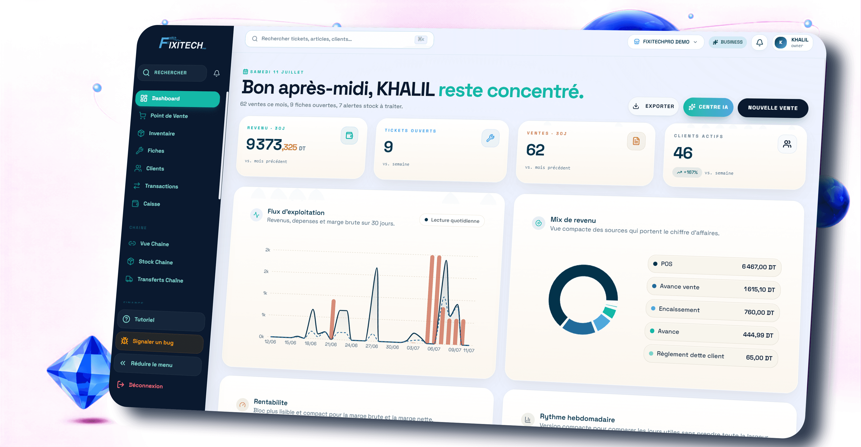 Rendu 3D du véritable tableau de bord FixiTechPro